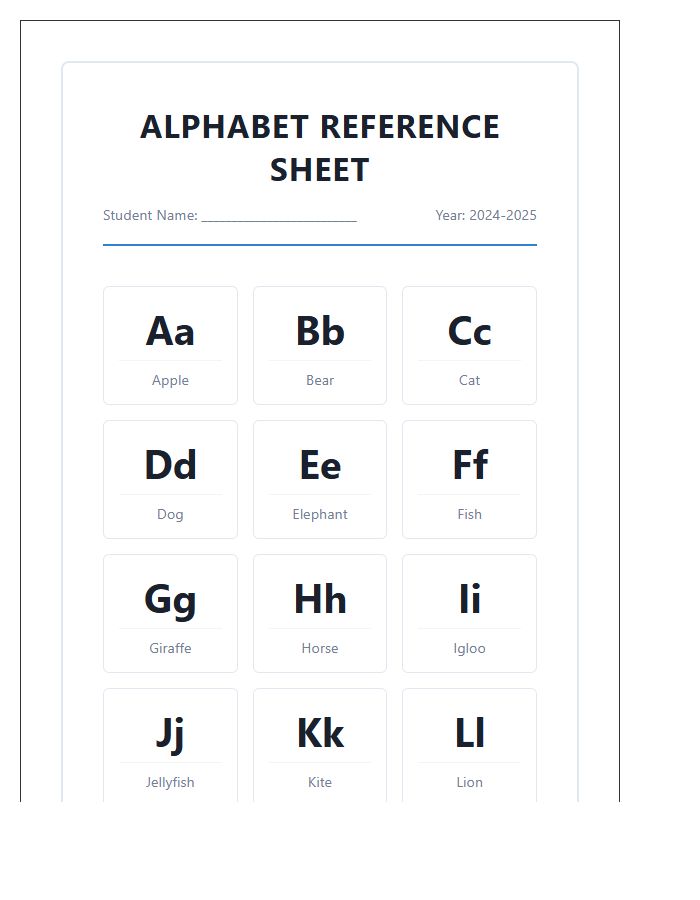 Student Reference Sheet Printable Alphabet Chart