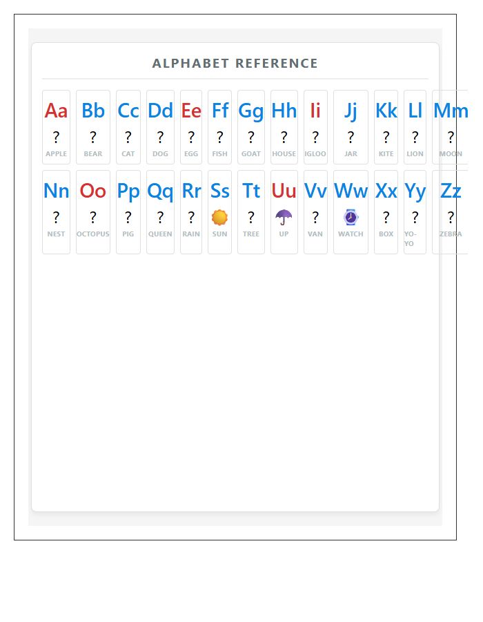 Elementary Classroom Student Desk Reference Printable Alphabet Chart