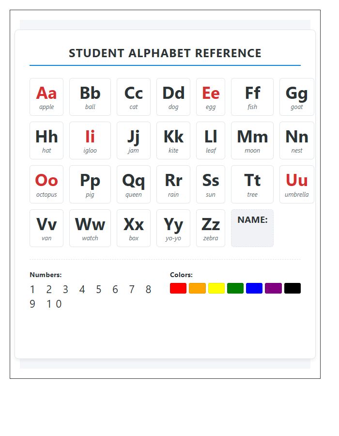 First Grade Student Desk Reference Printable Alphabet Chart