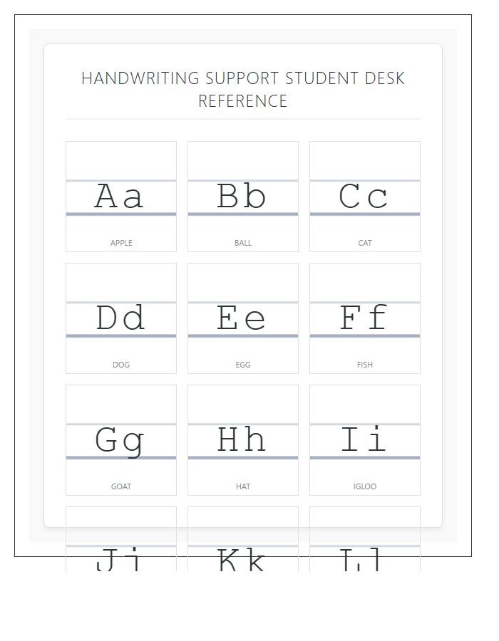 Handwriting Support Student Desk Reference Printable Alphabet Chart