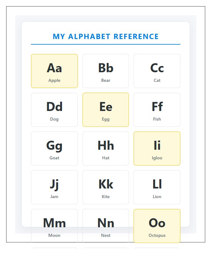 Kindergarten Student Desk Reference Printable Alphabet Chart