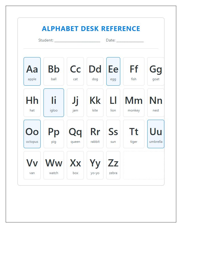 Letter Recognition Student Desk Reference Printable Alphabet Chart