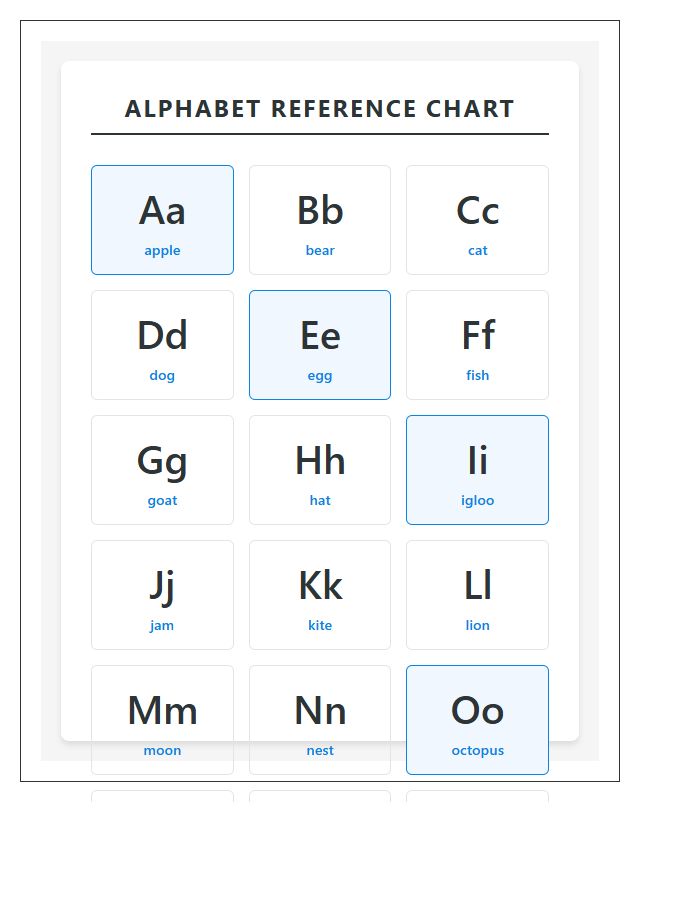 Primary Student Desk Reference Printable Alphabet Chart