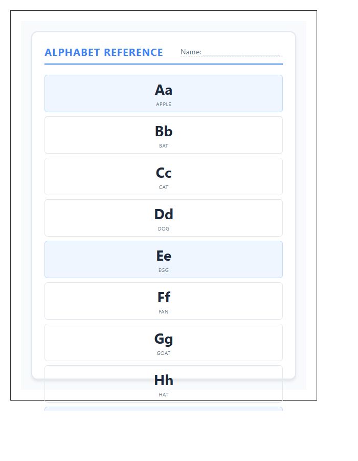 Visual Aid Student Desk Reference Printable Alphabet Chart
