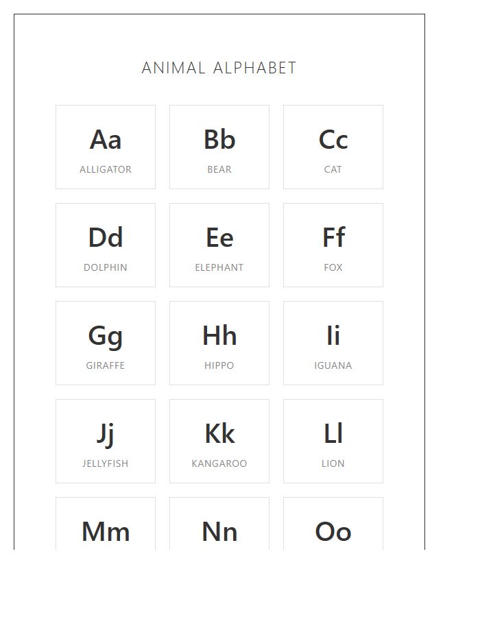 Animal Theme Printable Alphabet Chart