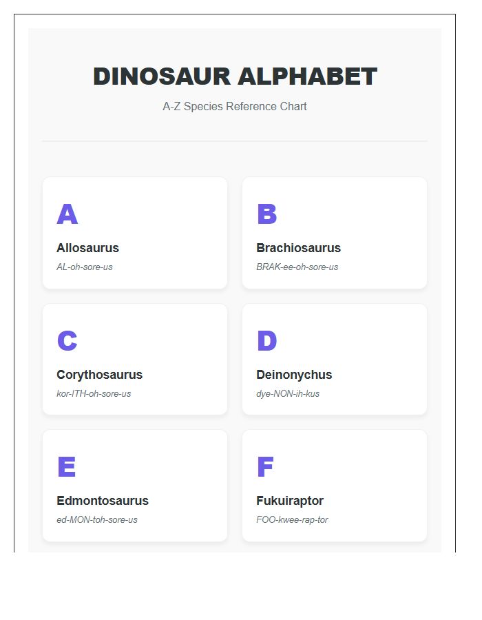 Educational Dinosaur Species Names Printable Alphabet Chart Reference