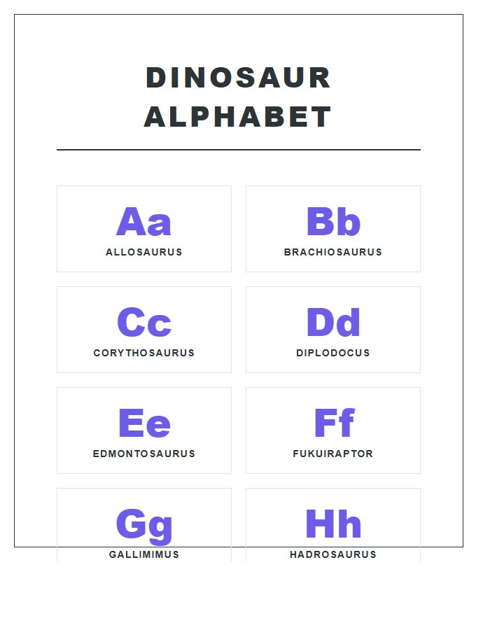Simple Dinosaur Species Names Printable Alphabet Chart Layout
