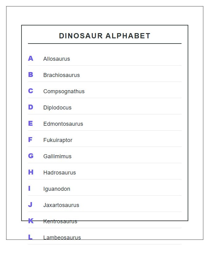 Vertical Dinosaur Species Names Printable Alphabet Chart Format