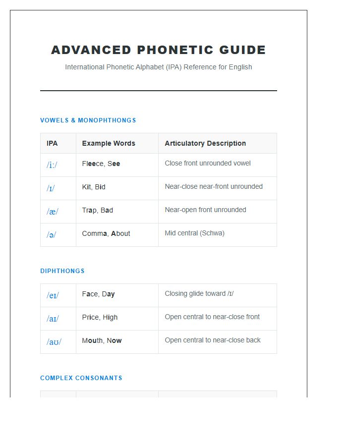 Advanced Phonetic Pronunciation Guide Printable Chart