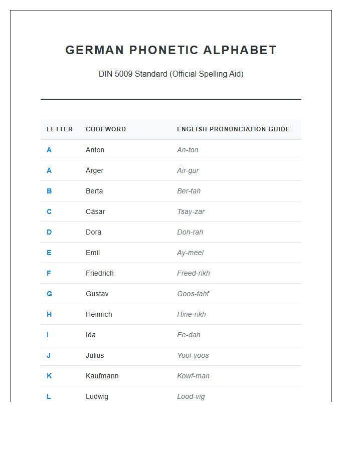 German Phonetic Alphabet Pronunciation Printable Chart