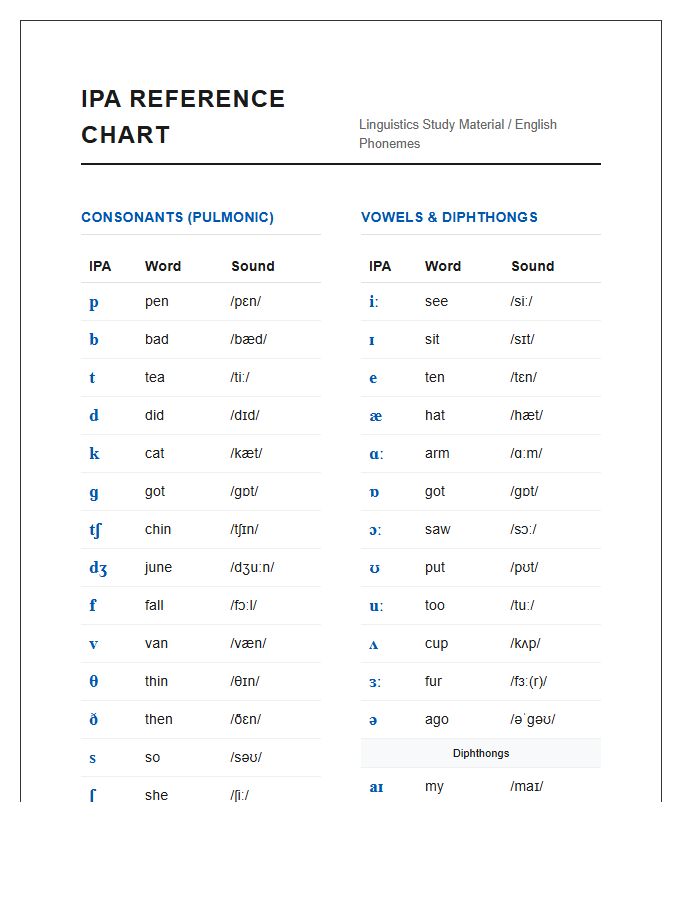 Linguistics Study Phonetic Alphabet Printable Chart