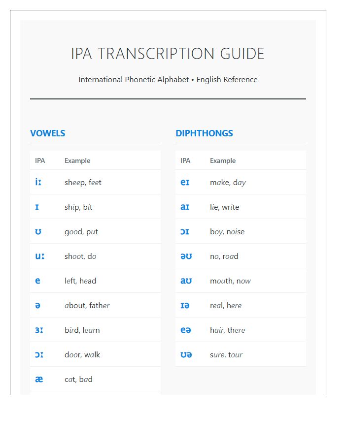 Phonetic Transcription Alphabet Guide Printable Chart