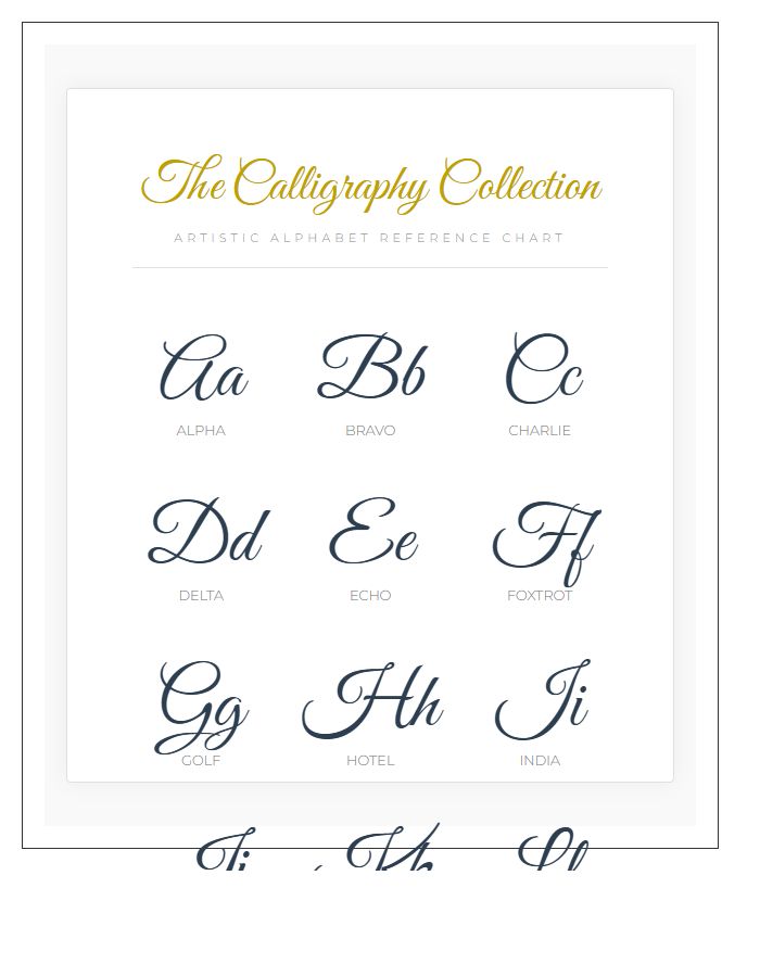 Artistic Calligraphy Style Printable Alphabet Chart