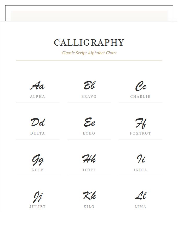 Elegant Script Calligraphy Printable Alphabet Chart