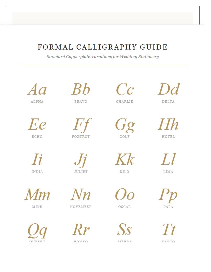 Formal Wedding Calligraphy Printable Alphabet Chart