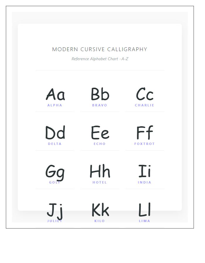 Modern Cursive Calligraphy Printable Alphabet Chart