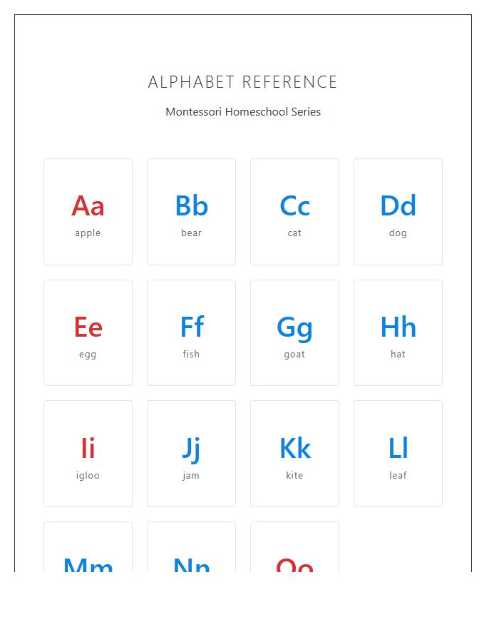 Montessori Homeschool Curriculum Printable Alphabet Chart