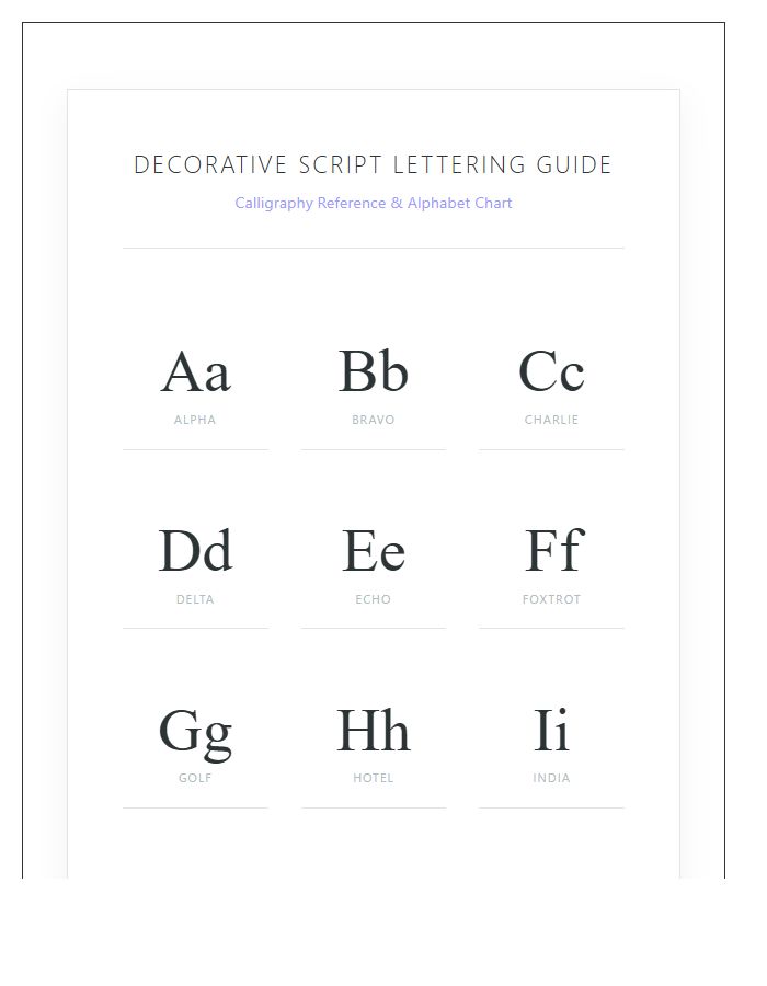 Decorative Script Lettering Guide Printable Alphabet Chart