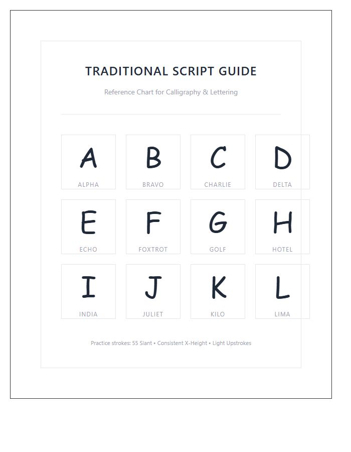 Traditional Script Lettering Guide Printable Alphabet Chart