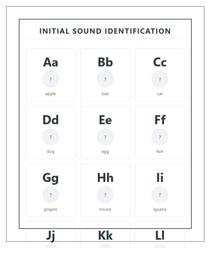 Kindergarten Initial Sound Identification Printable Alphabet Chart
