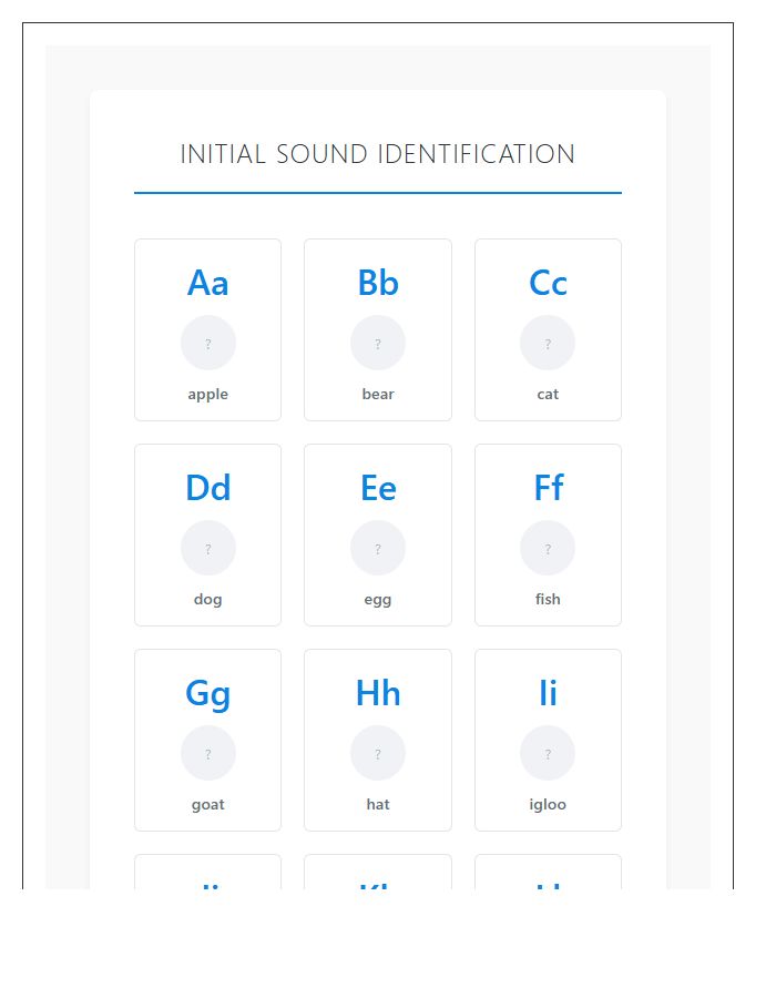 Simple Initial Sound Identification Printable Alphabet Chart