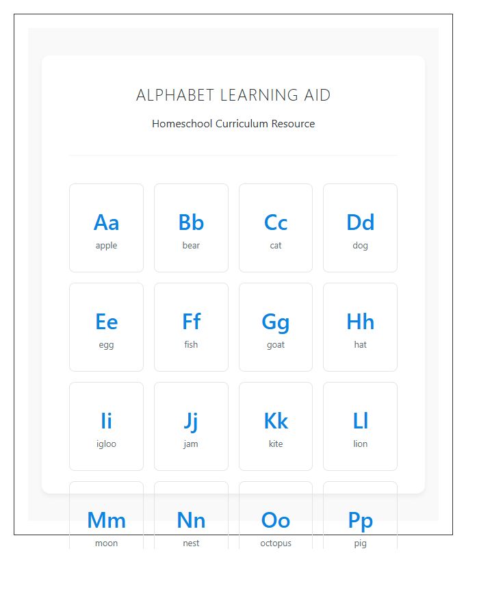 Homeschool Curriculum Printable Alphabet Chart Aid