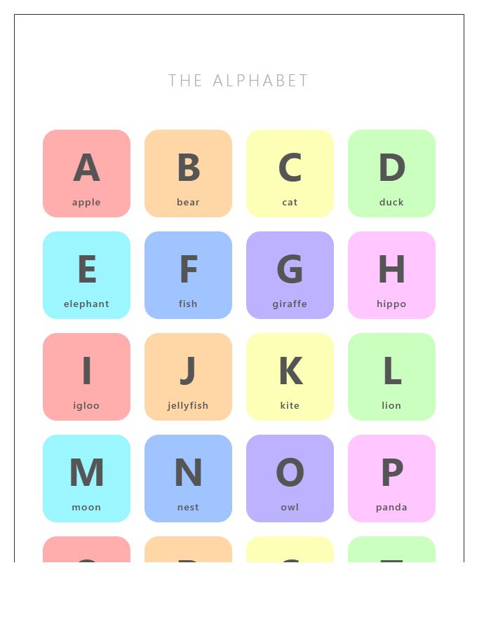 Pastel Colored Alphabet Chart Printable For Playroom