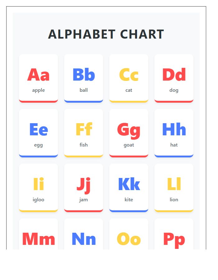 Primary Colors Alphabet Chart Printable For Kids