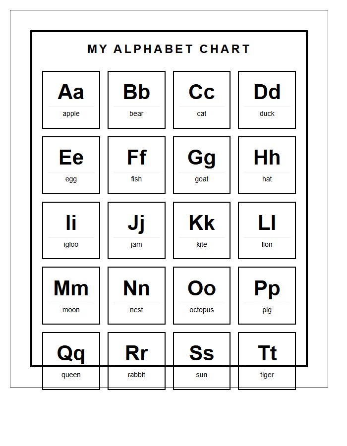 Simple Black And White Printable Alphabet Chart For Preschoolers