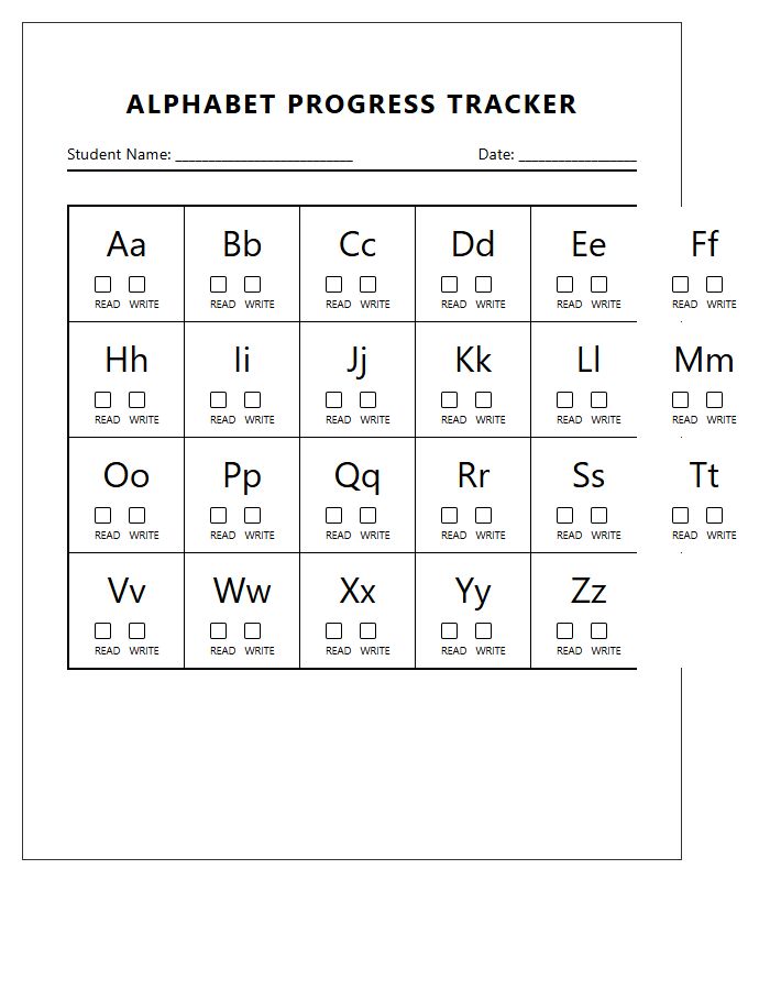 Simple Black And White Printable Alphabet Tracking Chart