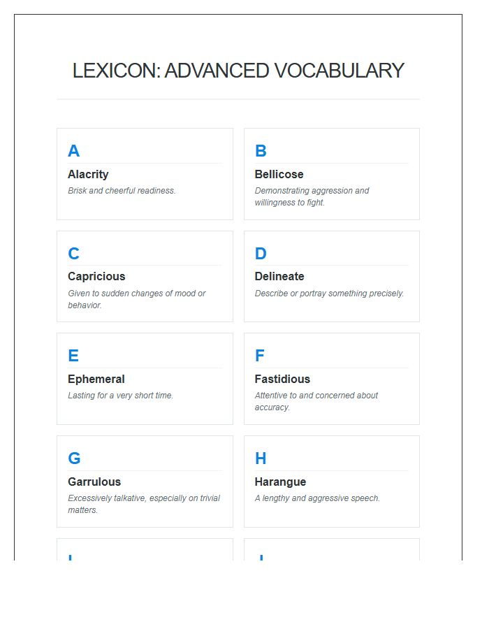 Advanced English Vocabulary Printable Alphabet Chart