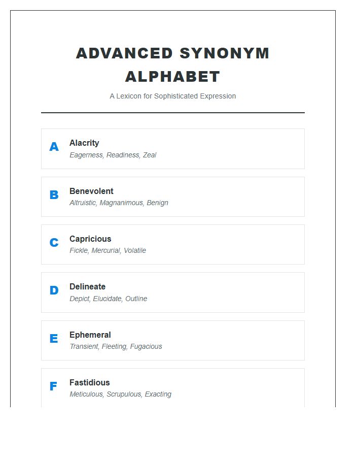 Advanced Synonym Printable Alphabet Vocabulary Chart