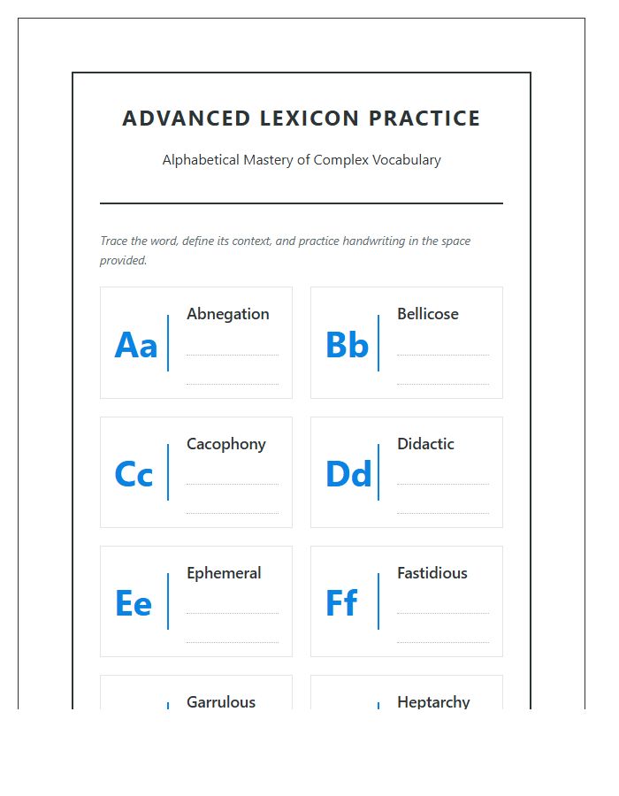 Challenging Vocabulary Printable Alphabet Practice Chart
