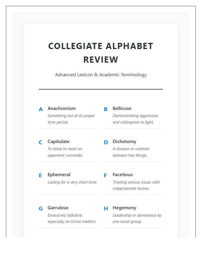 Collegiate Vocabulary Printable Alphabet Review Chart