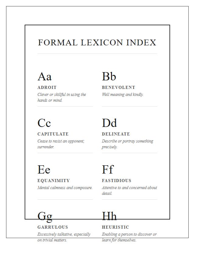 Formal English Vocabulary Printable Alphabet Display Chart