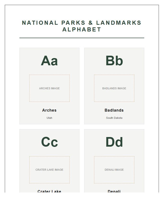 Classroom National Park Landmark Printable Alphabet Chart
