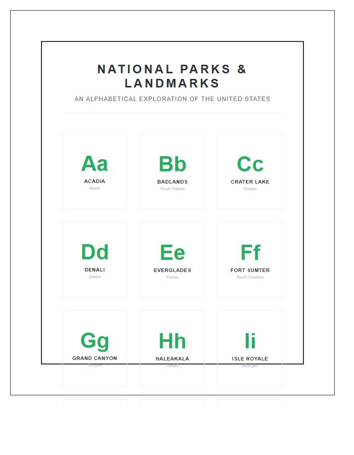 Educational National Park Landmark Printable Alphabet Chart