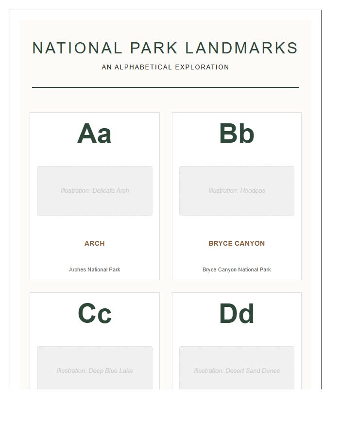 Illustrated National Park Landmark Printable Alphabet Chart