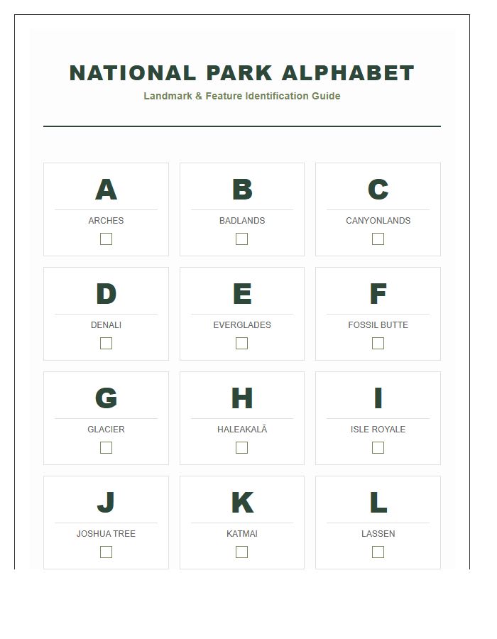National Park Landmark Alphabet Identification Chart Printable
