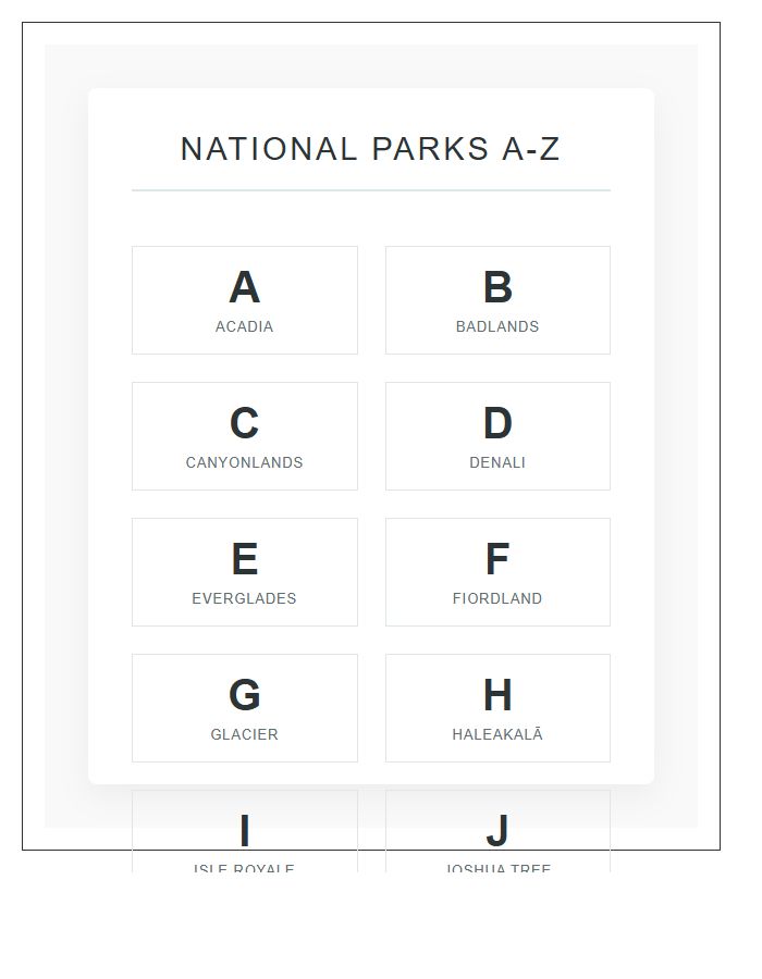 National Park Landmark Alphabet Learning Chart Printable