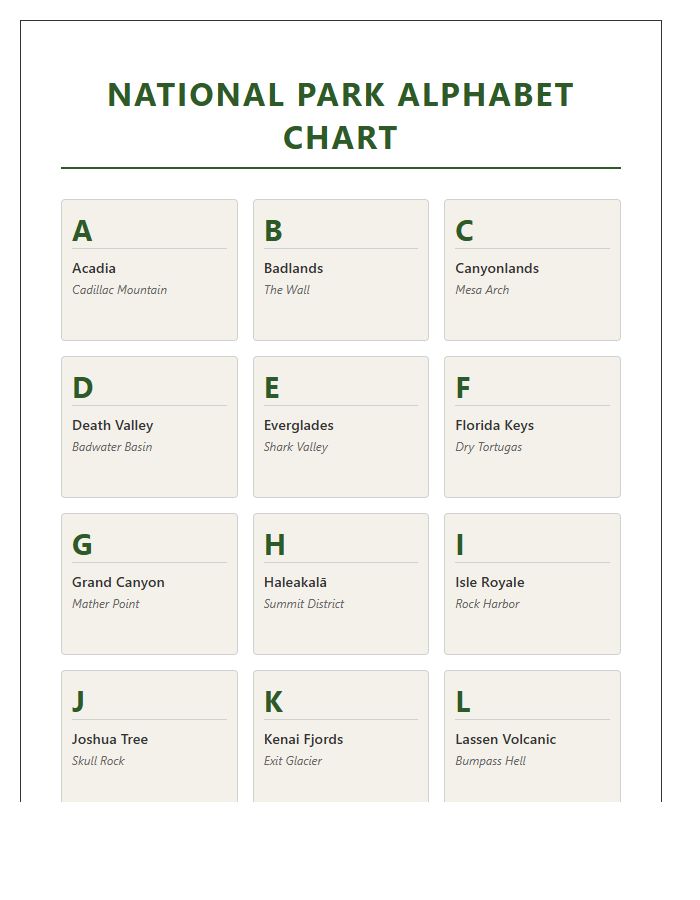 National Park Landmark Alphabet Student Chart Printable