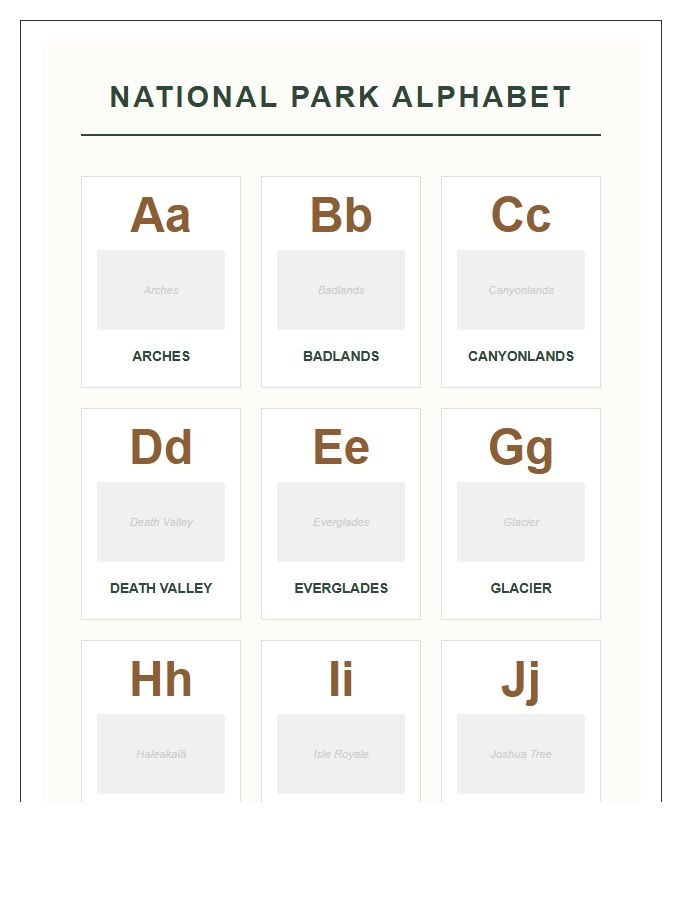 National Park Landmark Printable Alphabet Chart