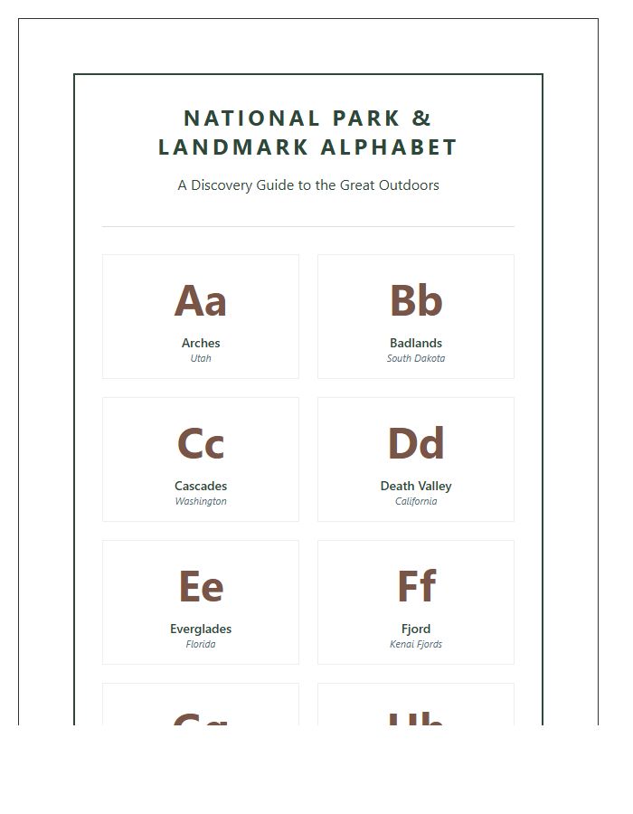 Nature Theme National Park Landmark Printable Alphabet Chart