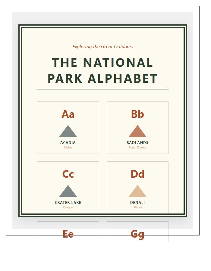 Vintage Style National Park Landmark Printable Alphabet Chart