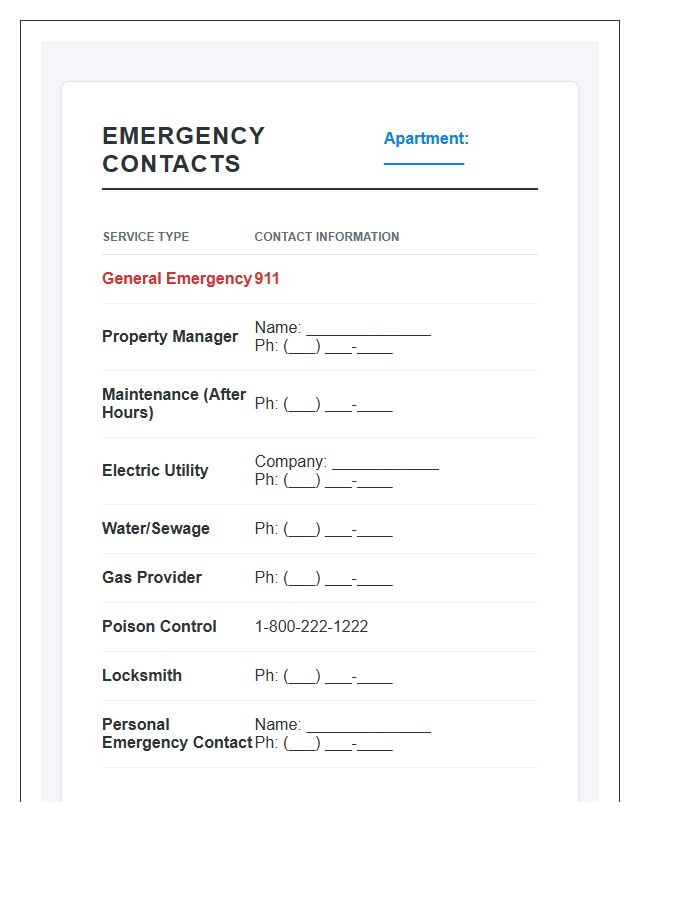 Apartment Emergency Contact Printable Chart