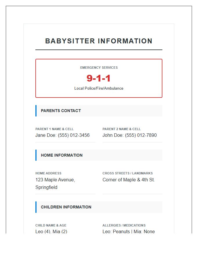 Babysitter Emergency Contact Printable Chart