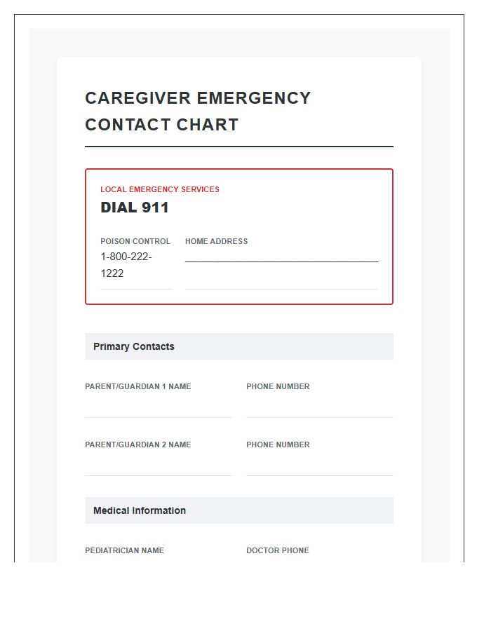 Caregiver Emergency Contact Printable Chart