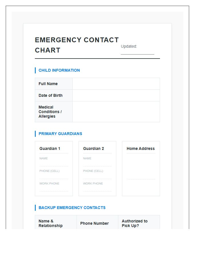 Child Care Emergency Contact Printable Chart