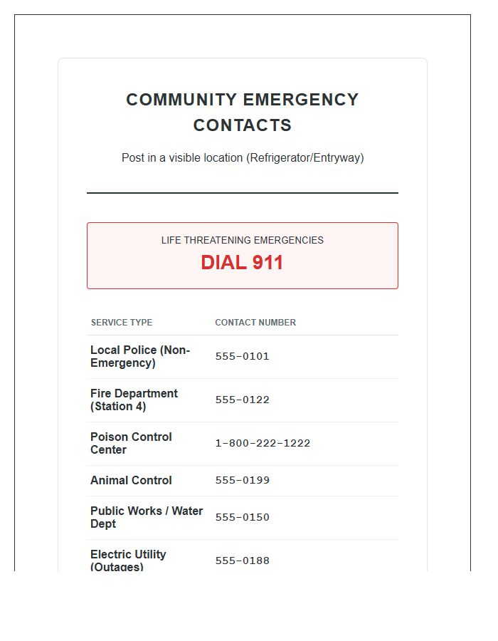 Community Emergency Contact Printable Chart