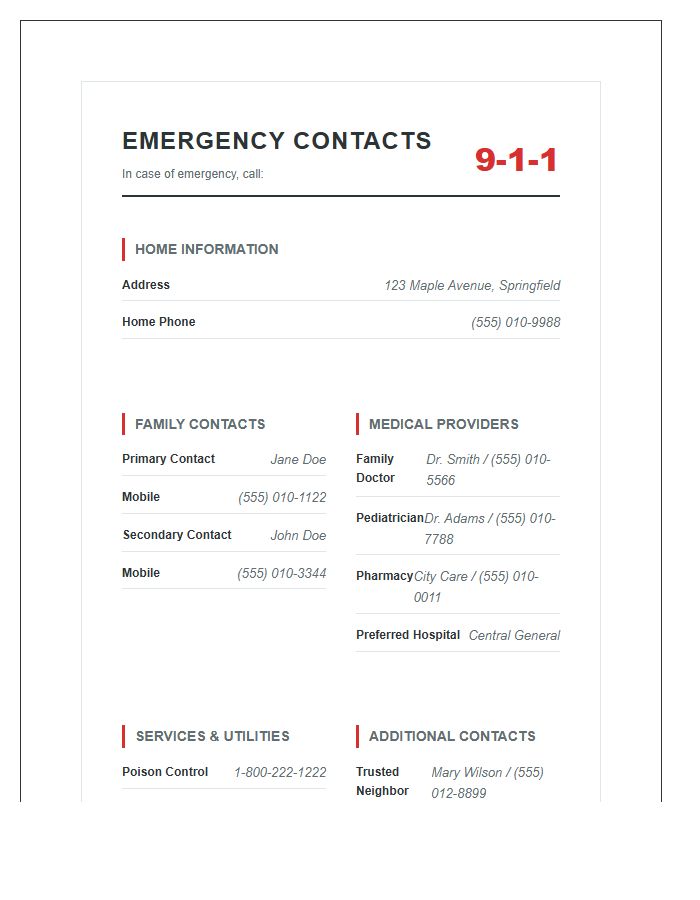 Essential Emergency Contact Printable Chart